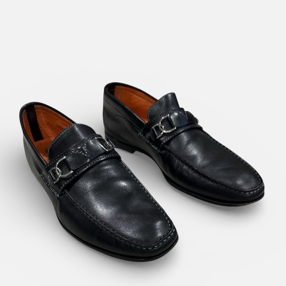 Men’s Santoni Black Leather Horsebit Loafer